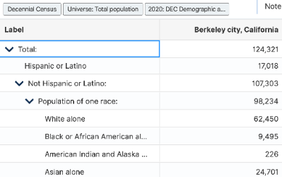 Table of information breaking down Berkeley's population by race. The table reports the total population (124,321), the population that is Hispanic or Latino (17,018), and the population that is Not Hispanic or Latino (107,303). Not Hispanic or Latino is further broken down into White alone (62,450), Black or African American alone (9,495), American Indian and Alaska Native alone (226), and Asian alone (24,701).