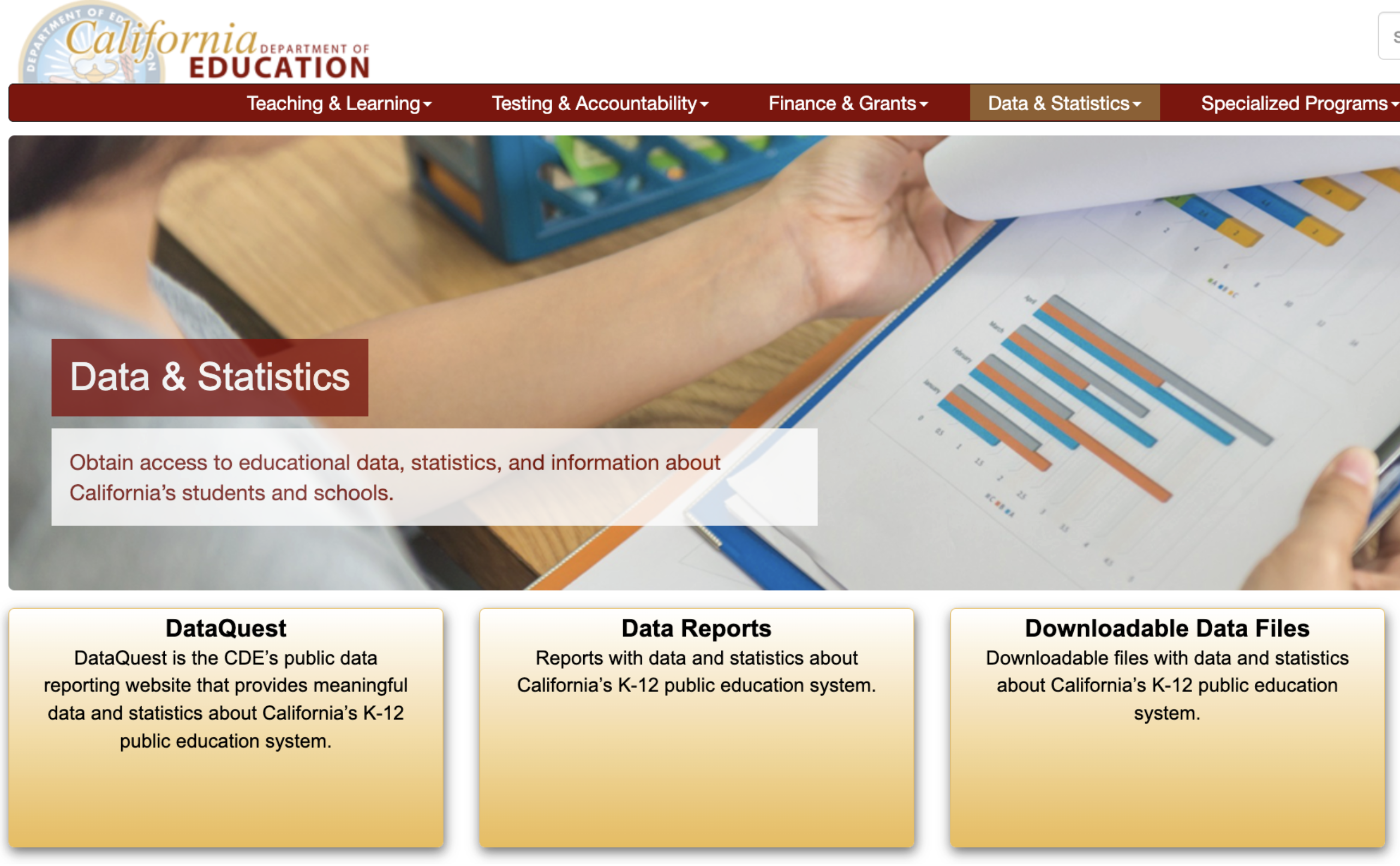 A screenshot of the California Department of Education's Data & Statistics page, which has the following description: "Obtain access to educational data, statistics, and information about California's students and schools. There are three visible links. The first link is called "DataQuest", and has the following description: "DataQuest is the CDE's public data reporting website that provides meaningful data and statistics about California's K–12 public education system.". The second link is called "Data Reports", and has the following description: "Reports with data and statistics about California's K–12 public education system." The third link is called Downloadable Data Files", and has the following description: "Downloadable files with data and statistics about California's K–12 public education system."