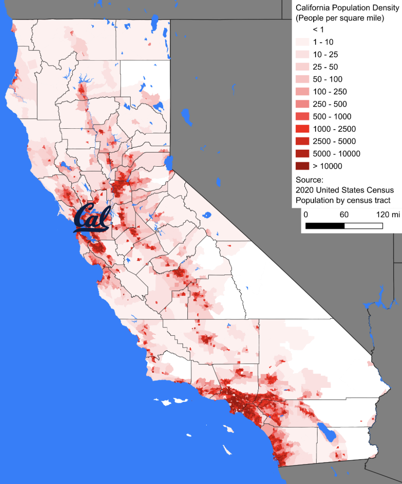Map of California marked to show population centers. UC Berkeley's campus is marked on the map. There are dense areas very close to Berkeley, including a little to the south in the south Bay Area, and a little to the northeast in Sacramento. There is a very large dense area far to the south, around Los Angeles. There is another dense area a little south of Los Angeles, in San Diego.
