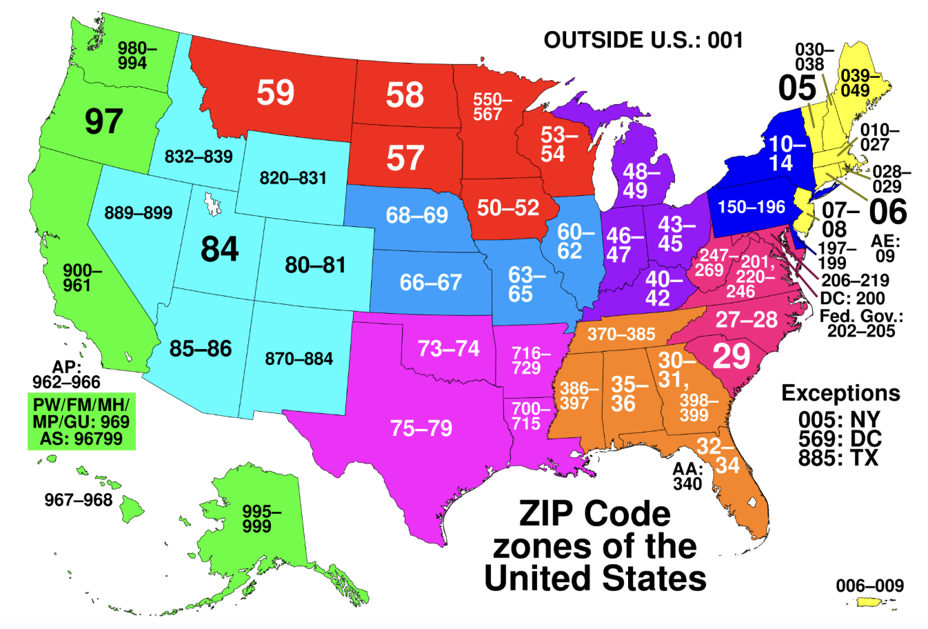 Map of the United States colored by ZIP-code prefix region. Prefixes start at 0 in the Northeast (such as 039-049 in Maine) and rise westward to the 90s on the Pacific coast, so ZIP codes are geographically ordered, and a Northeast code stored as an integer would lose its leading zero.