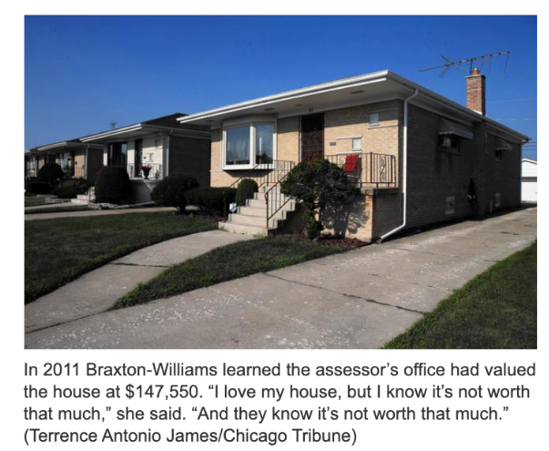 An image of a house captioned: In 2011, Braxton-Williams learned that the assessor's office had valued the house at $147,550. 'I love my house, but I know it's not worth that much,' she said. 'And they know it's not worth that much.'