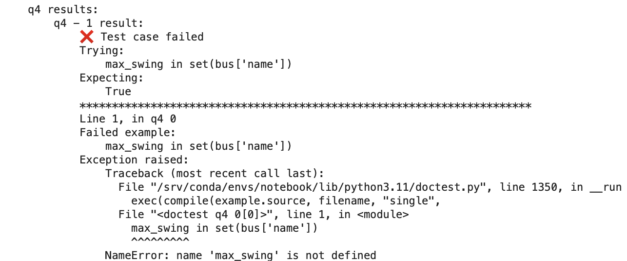 Example of a cell output for a failing autograder test showing what test failed, what the code that was evaluated was, the expected output, and an error that was raised during the course of the test.