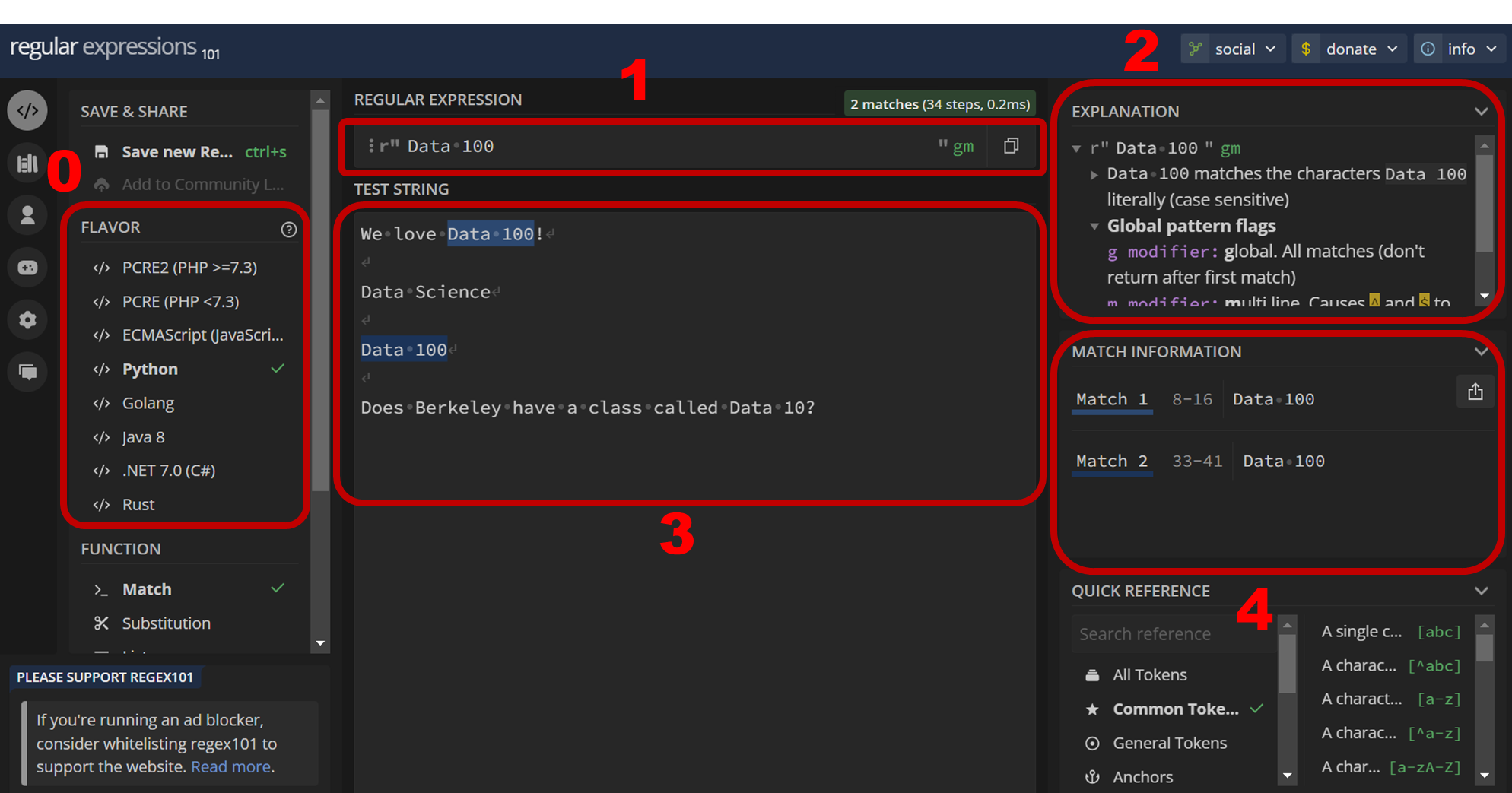 A screenshot of regex101 with five different components of the website highlighted. On the left is region 0. In the upper middle is region 1. In the lower middle is region 3. On the upper right is region 2. On the lower right is region 4.