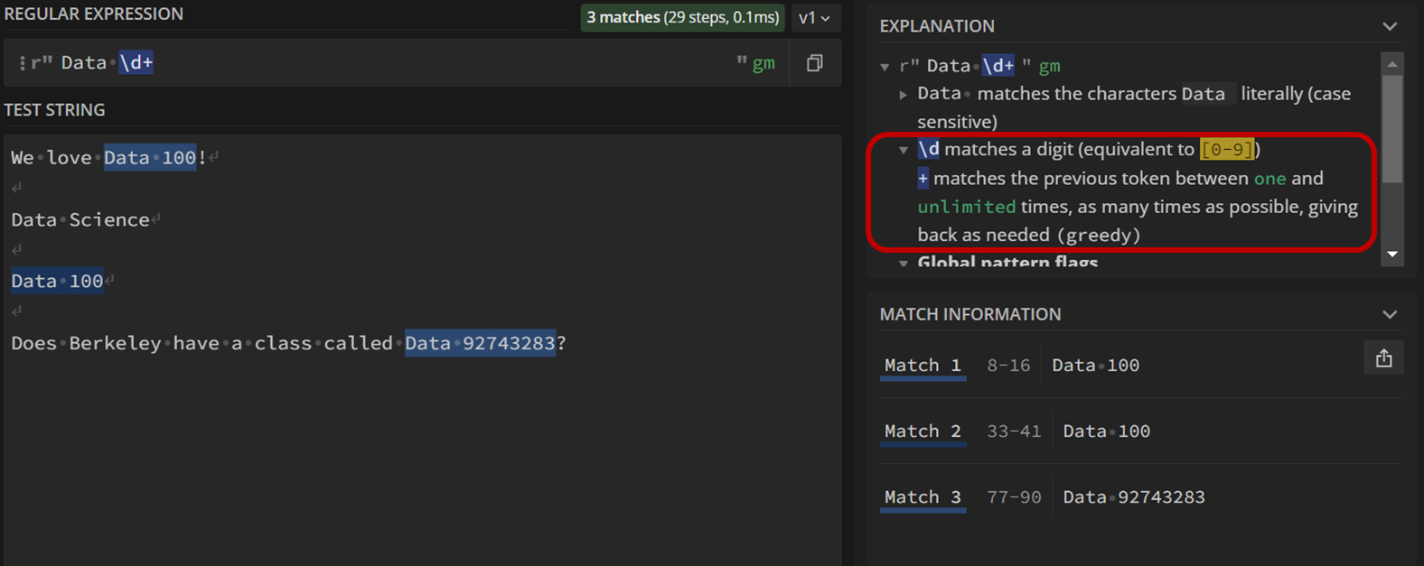 Screenshot of regex 101 highlighting part of the explanation, described more below.