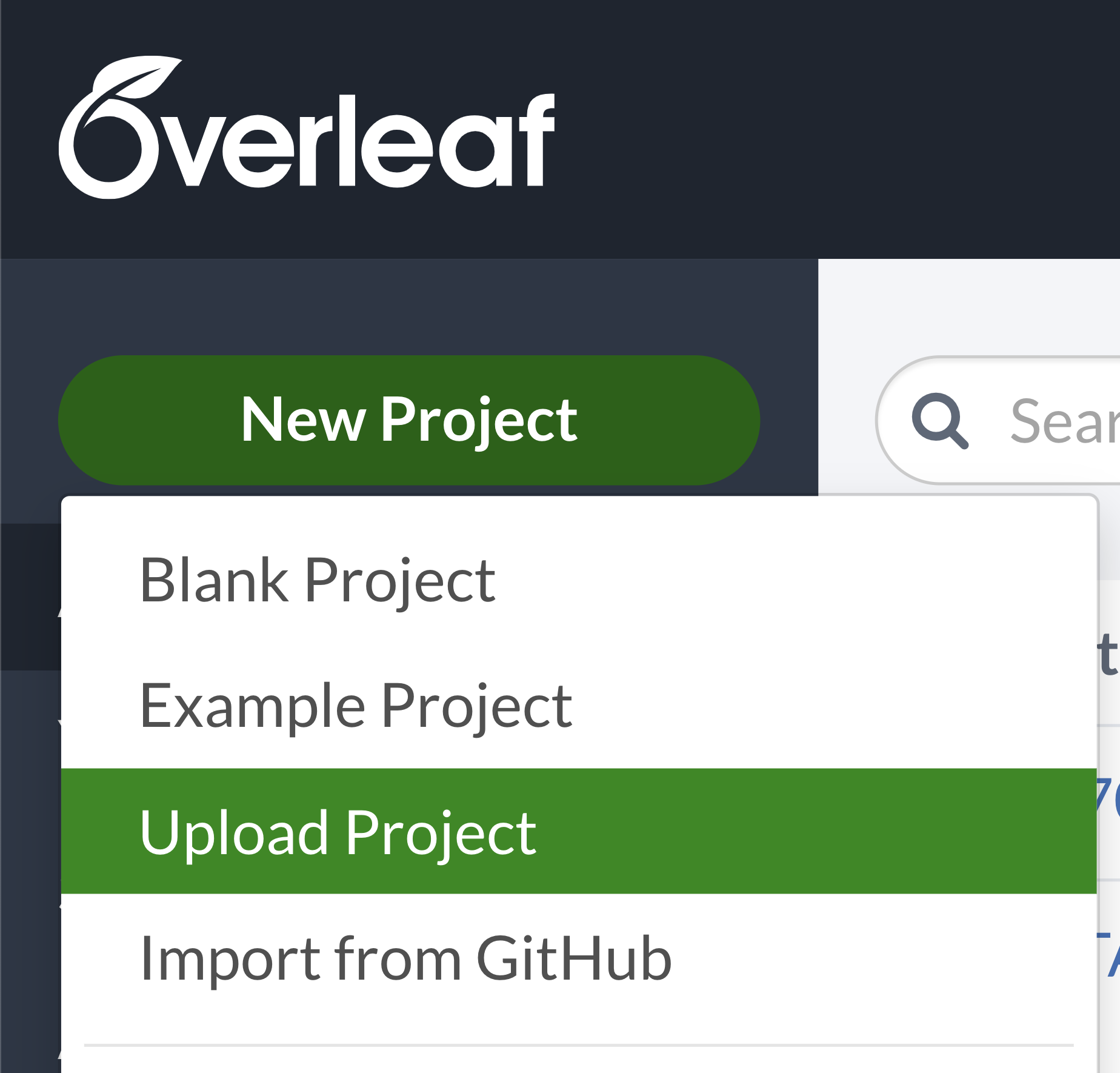 A screenshot of part of the Overleaf home website, where Upload project (under New Project) is highlighted.